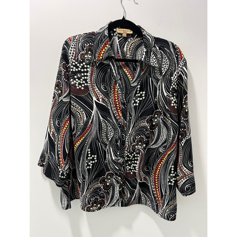 Notations Woman 1X Paisley Floral Button Down Blouse Black Red WPMB0031